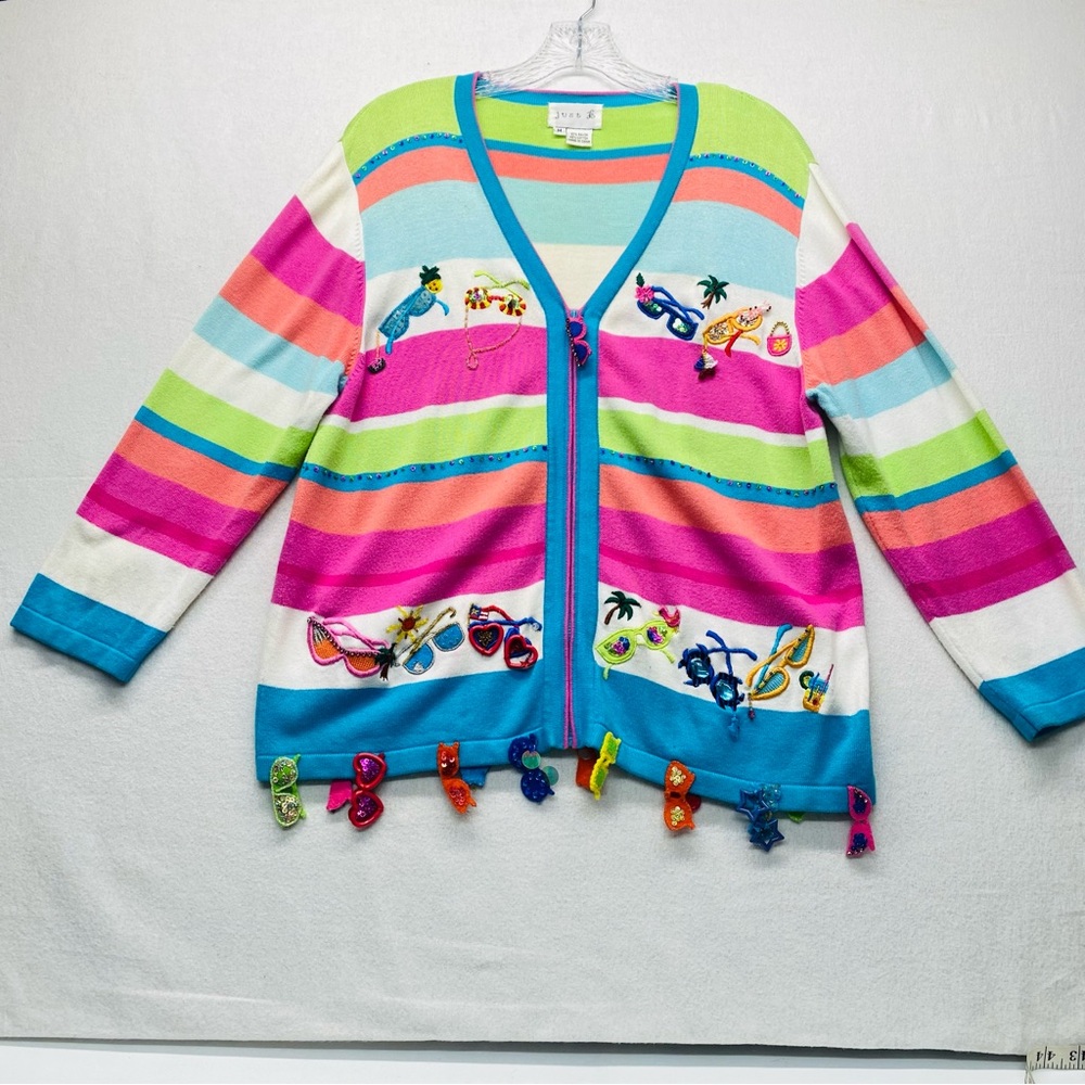 Just B Colorful Striped Cardigan Sunglass/Beach Themed Embroidered & Accents